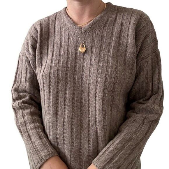 Vintage J Crew Womens Tan Brown Ribbed 100% Wool V Neck Cropped Sweater Sz L - Picture 8 of 8